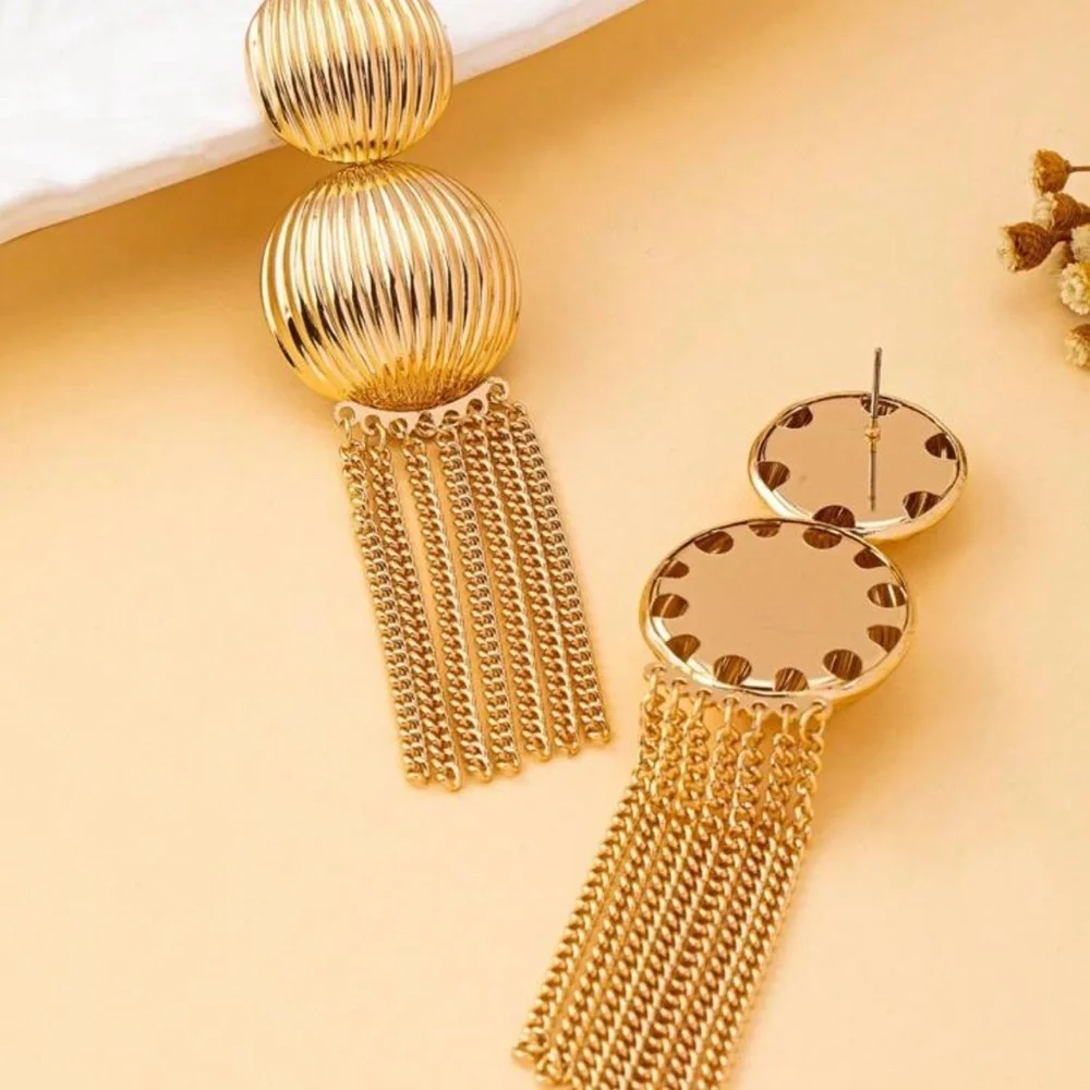 2/$30🌵 Gold Ribbed Circle Metal Long Tassel Chain Earrings Boho Jewelry Gift NEW